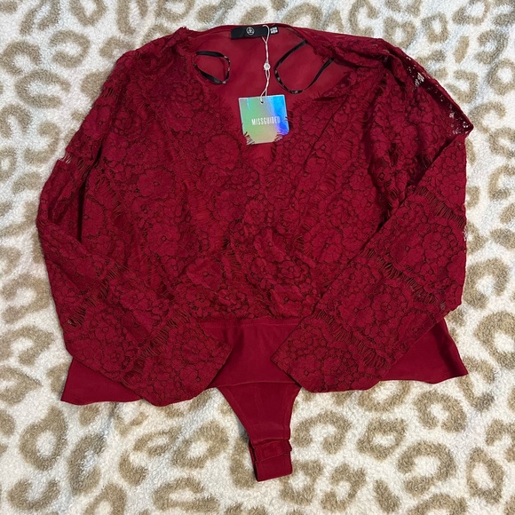 Missguided Curve Eyelash Lace Plunge Bodysuit Red - Picture 3 of 5
